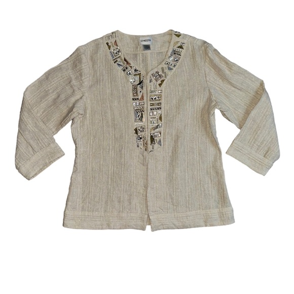 Chicos Rhinestone Beige Linen Jacket Blazer Size Small - Picture 1 of 7